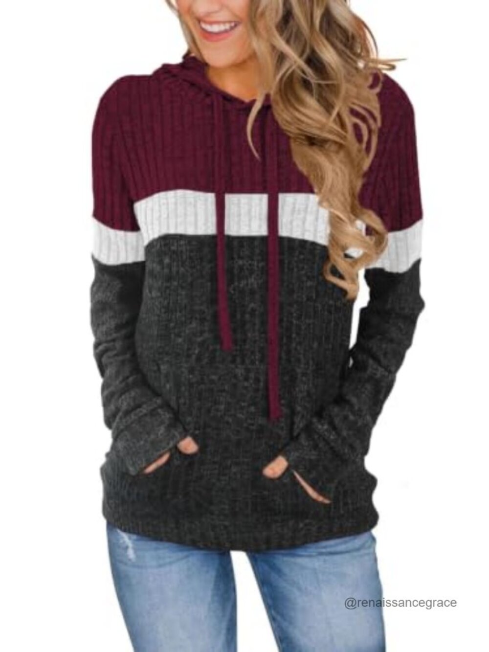 Color Block Knit Hoodie Long Sleeve Pullover Sweater with Pocket